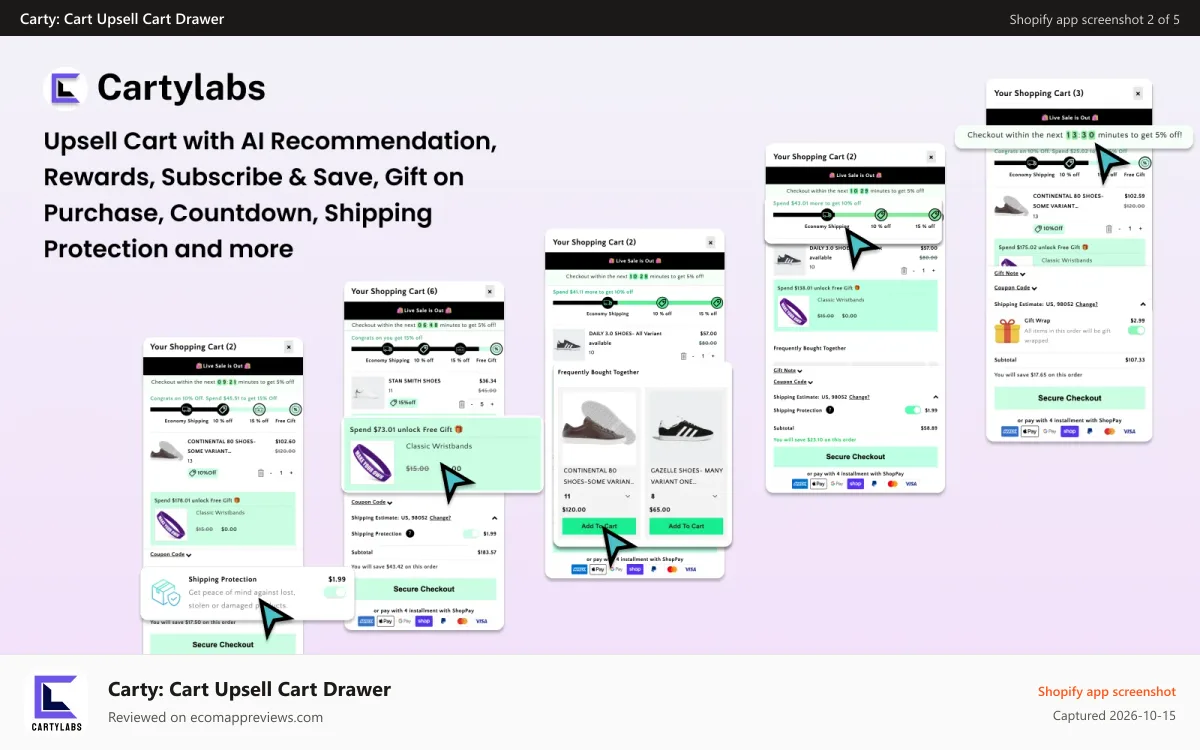 Carty: Cart Upsell Cart Drawer Shopify app screenshot: Upsell In Cart Recommendation, Rewards, Subscribe & Save etc