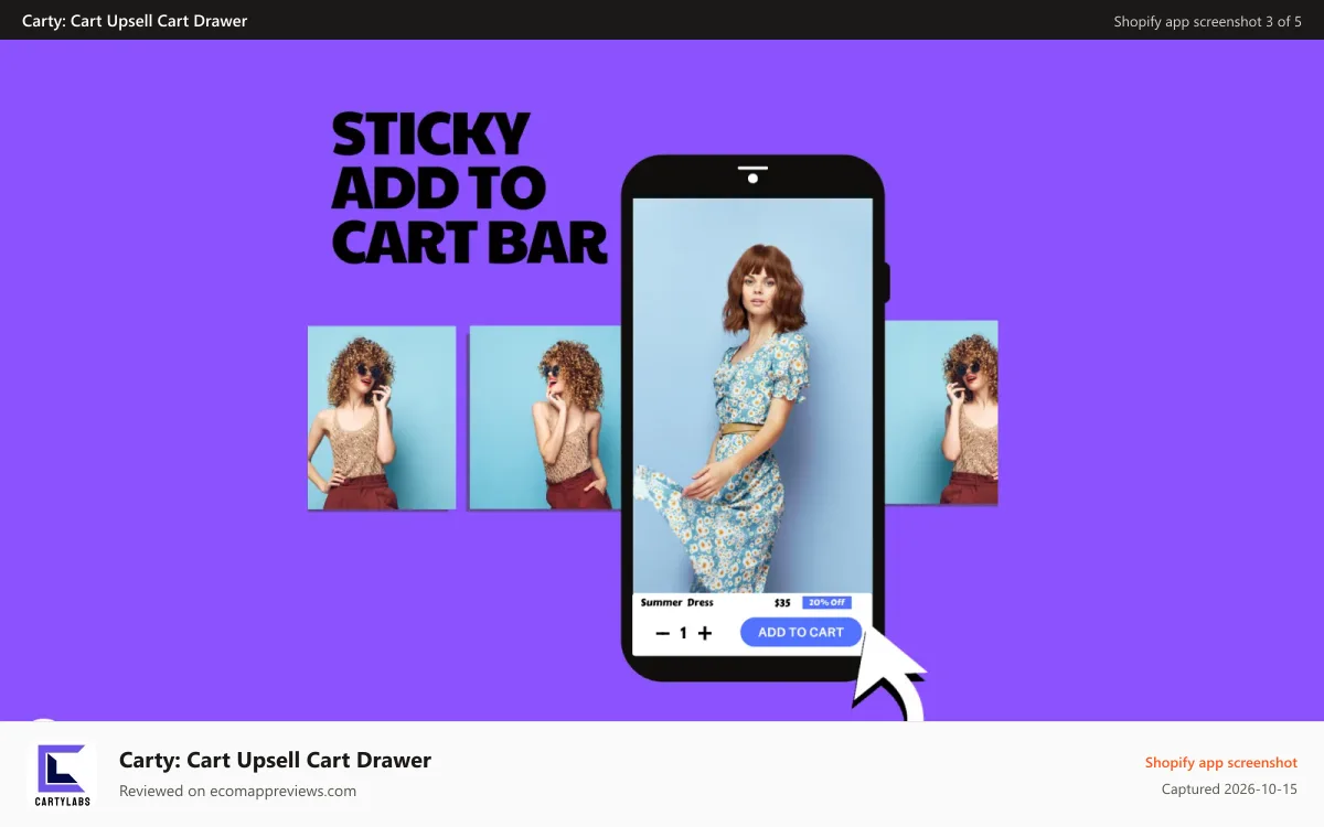 Carty: Cart Upsell Cart Drawer Shopify app screenshot: Boost Sales & AOV with Quick Buy Now and Sticky Add to Cart