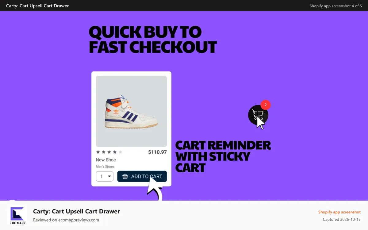 Carty: Cart Upsell Cart Drawer Shopify app screenshot: Fast Checkout with Quick Buy Button, Sticky Cart & Cart Reminder