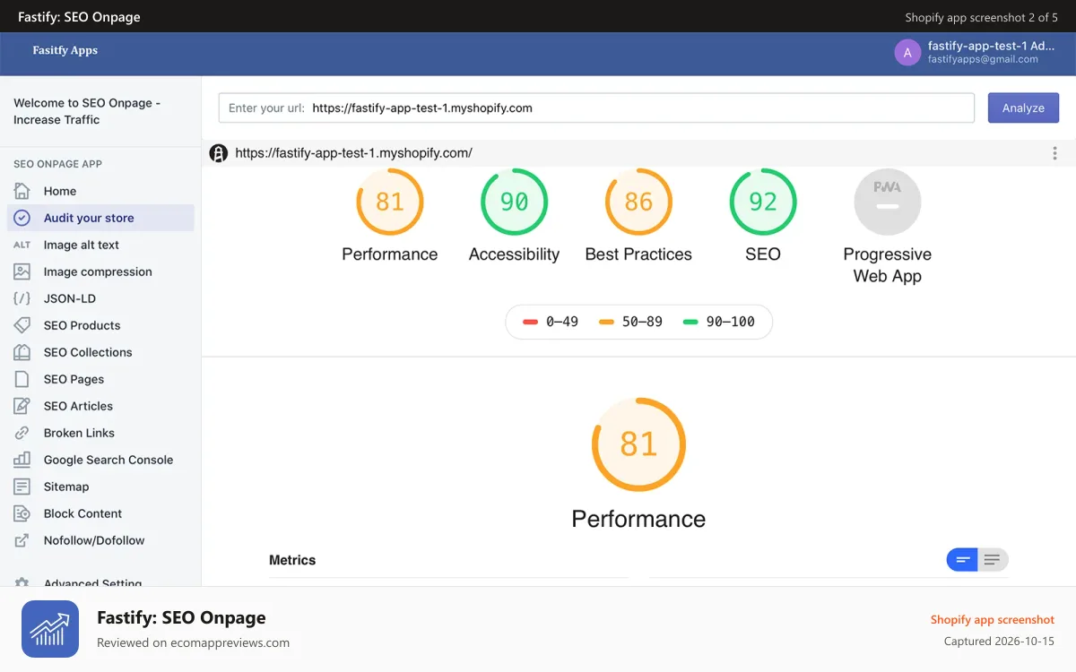 Fastify: SEO Onpage Shopify app screenshot: Google SEO Audit