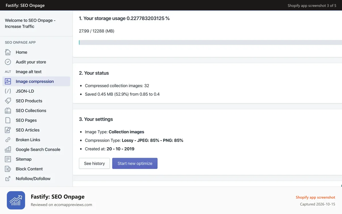 Fastify: SEO Onpage Shopify app screenshot: Image compression