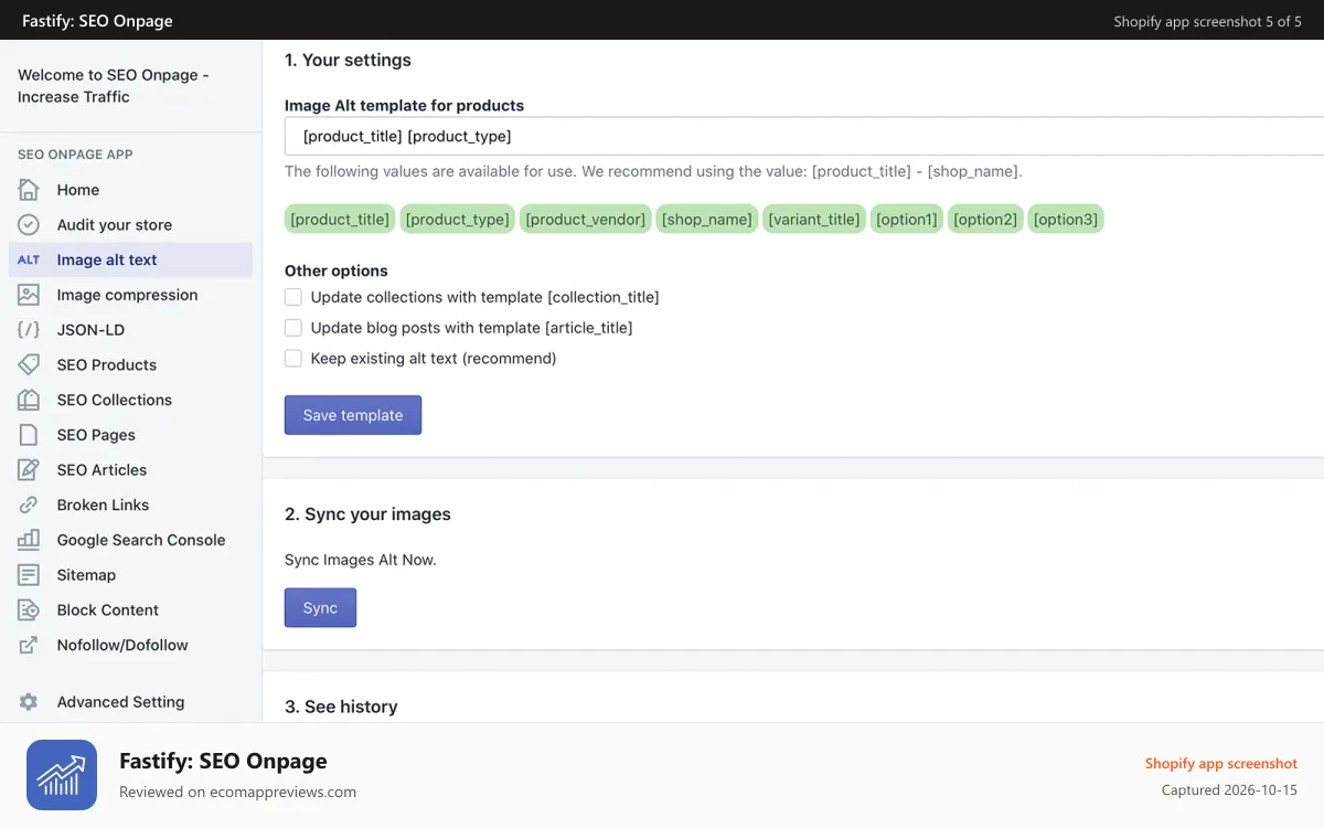 Fastify: SEO Onpage Shopify app screenshot: Image Alt Text