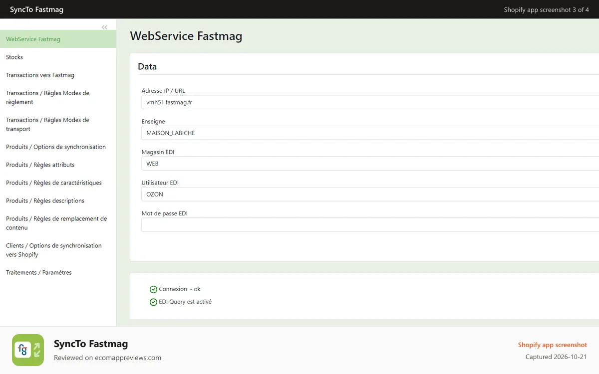 SyncTo Fastmag Shopify app screenshot: Connect to Fastmag WebService