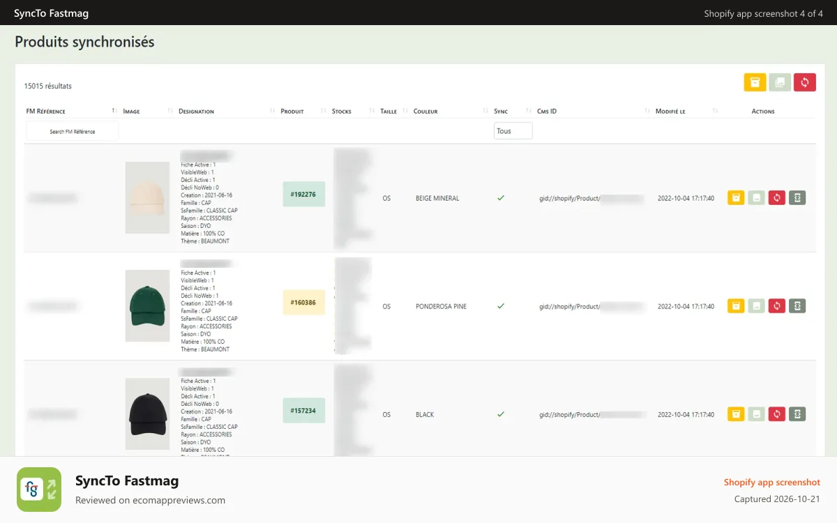 SyncTo Fastmag Shopify app screenshot: Manage Products / Images / Stocks