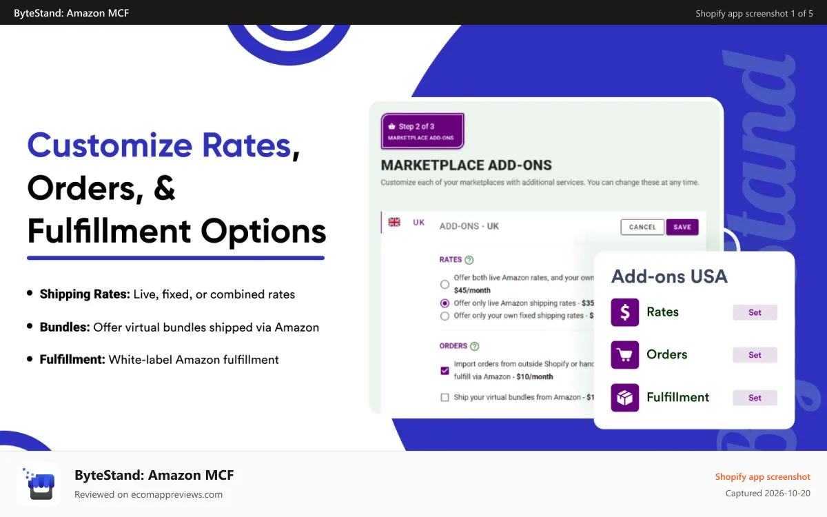 ByteStand: Amazon MCF Shopify app screenshot: Calcuate rates, orders & fulfillment on Amazon MCF