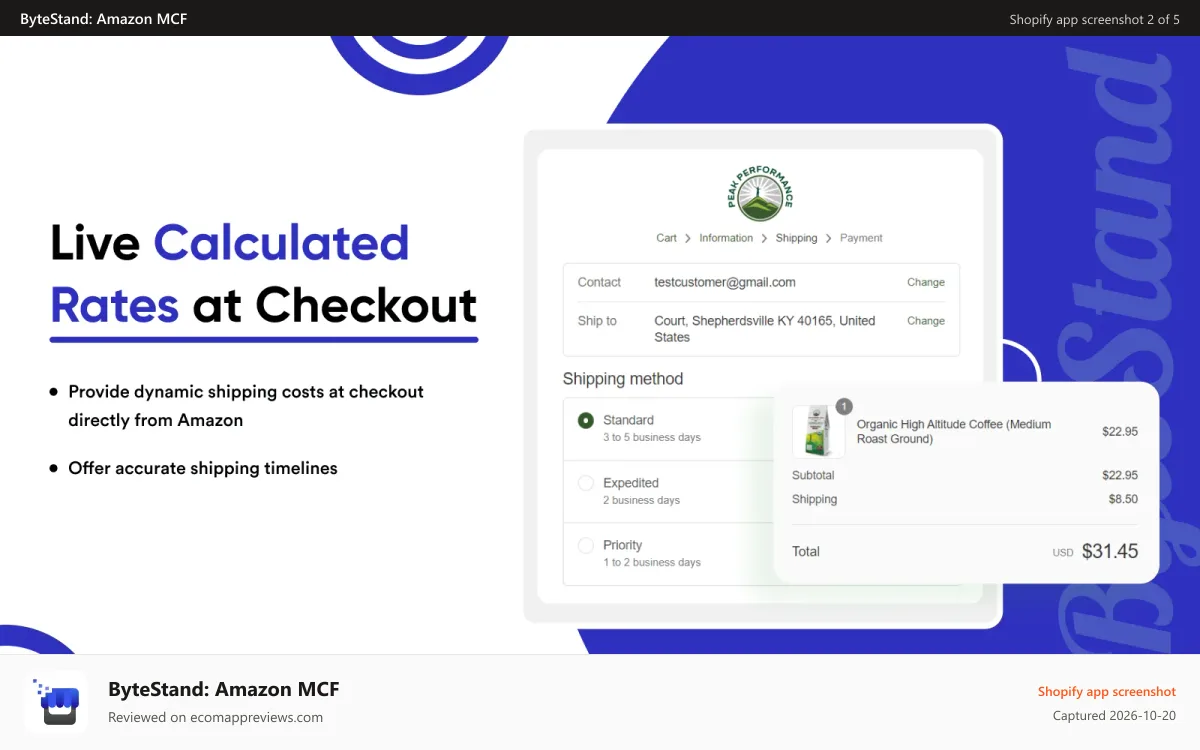 ByteStand: Amazon MCF Shopify app screenshot: Live Amazon MCF rates at checkout with shipping timelines