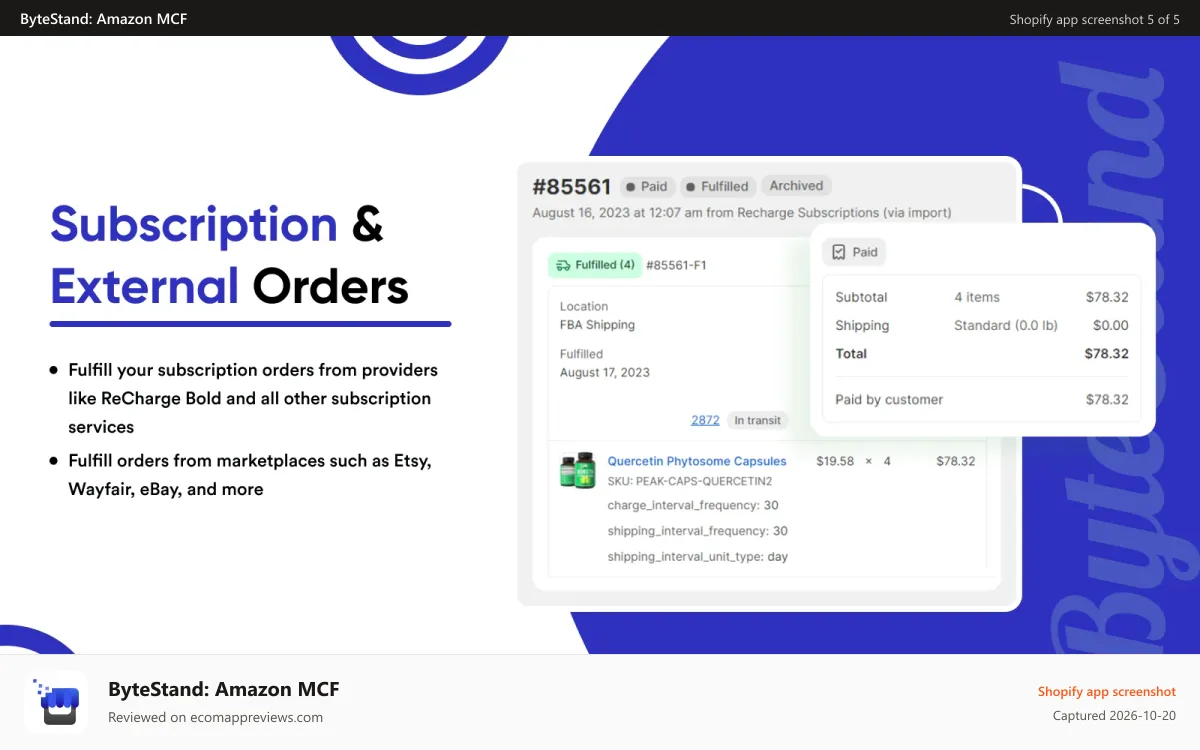 ByteStand: Amazon MCF Shopify app screenshot: Fulfill subscription orders from Recharge through Amazon FBA