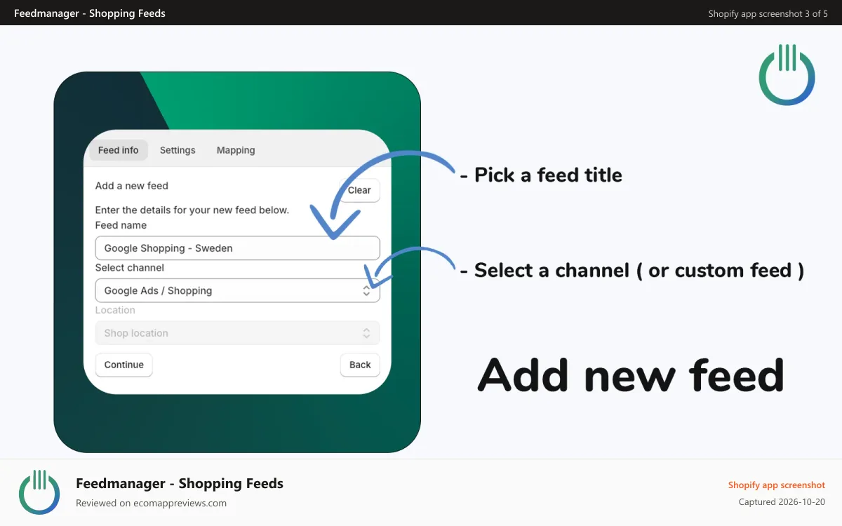 Feedmanager ‑ Shopping Feeds Shopify app screenshot: Adding a new feed, selecting title and channel or custom feed