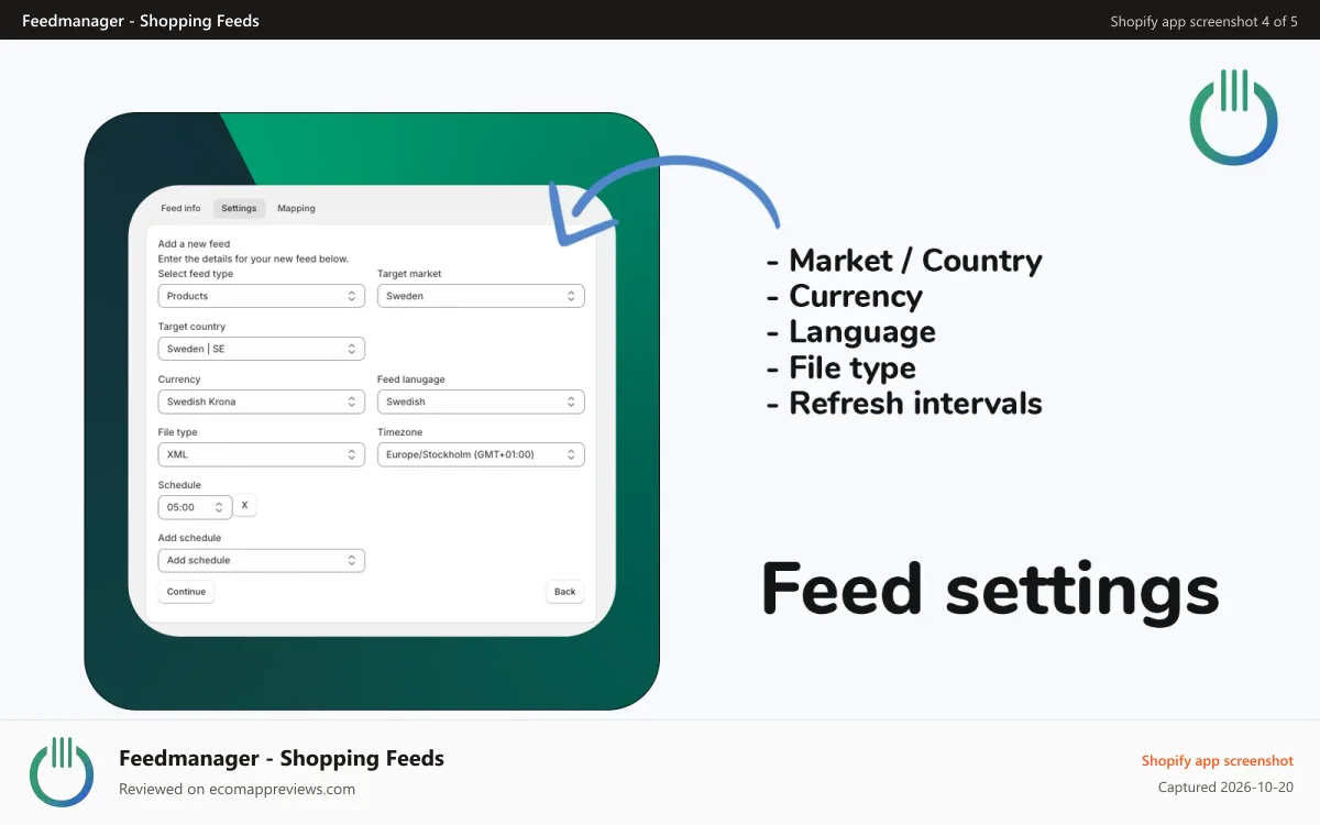 Feedmanager ‑ Shopping Feeds Shopify app screenshot: Feed settings, language, currency, refresh intervals, file type