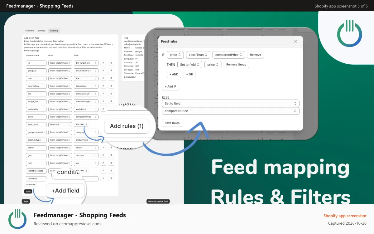 Feedmanager ‑ Shopping Feeds Shopify app screenshot: Feed mappings, rules and filters