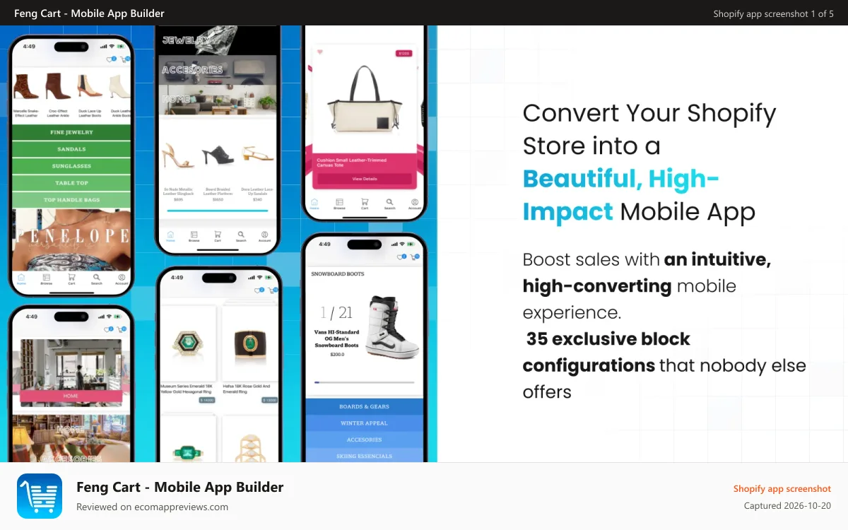 Feng Cart ‑ Mobile App Builder Shopify app screenshot: Easily design with 35 block elements.