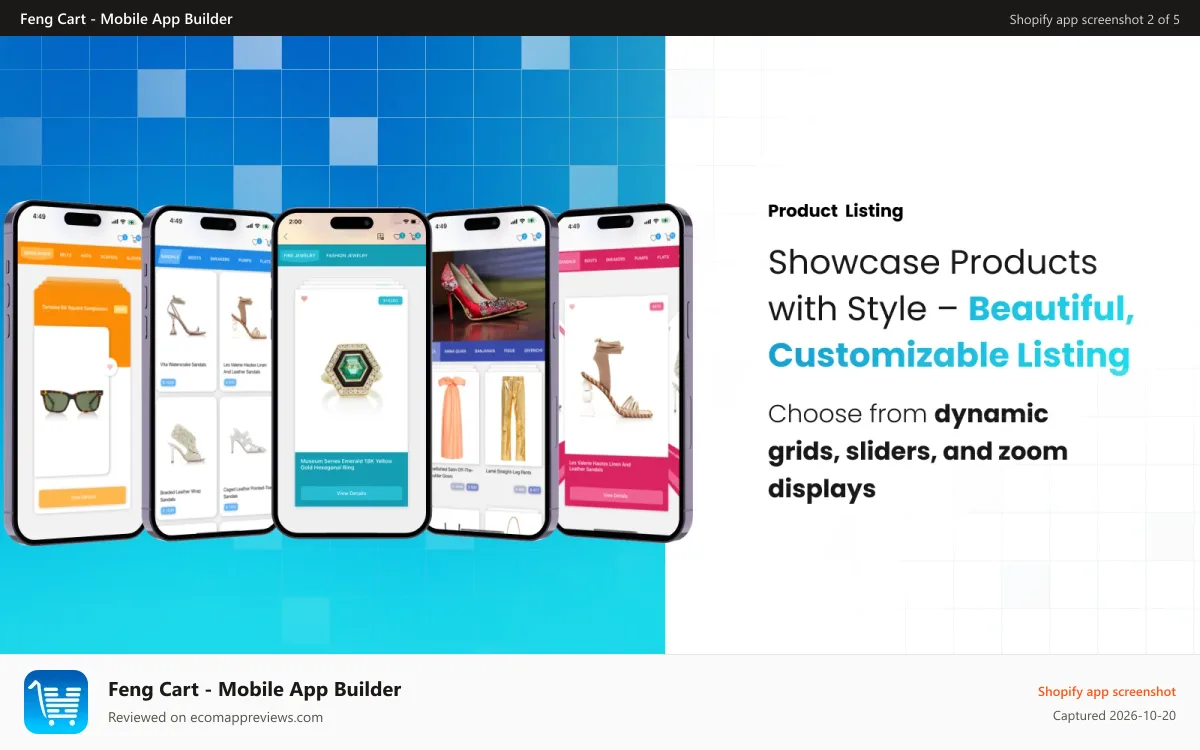 Feng Cart ‑ Mobile App Builder Shopify app screenshot: Product Listings