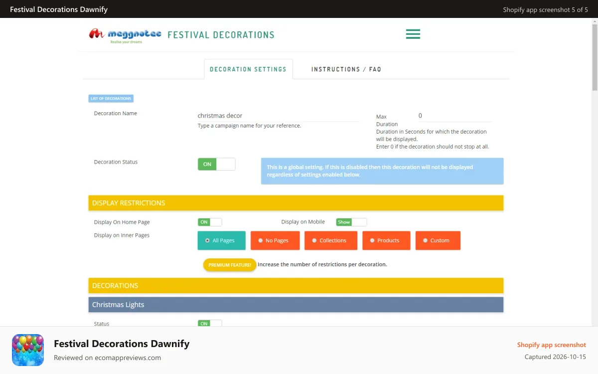 Festival Decorations Dawnify Shopify app screenshot: Decoration Edit Page