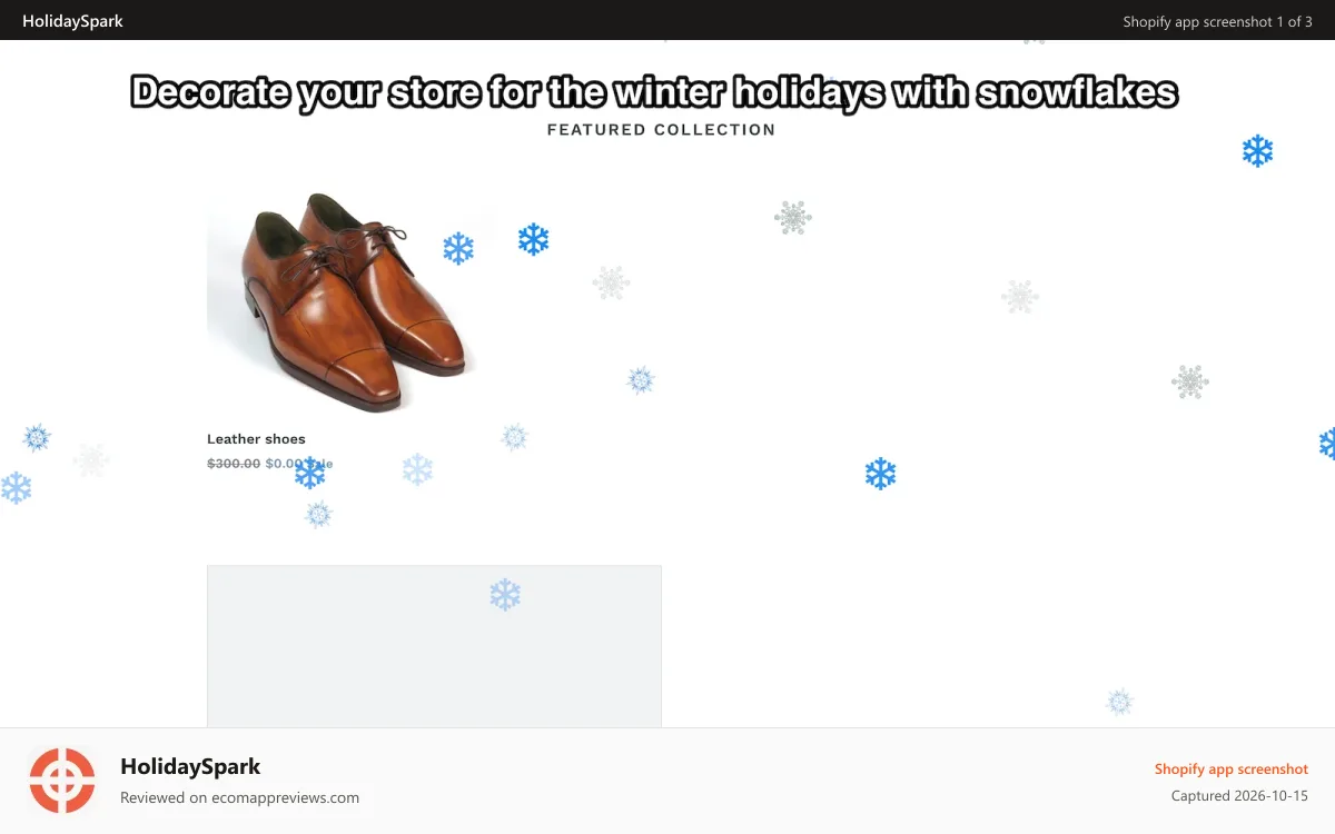 HolidaySpark Shopify app screenshot: Decorate your store with snowflakes for the winter holidays
