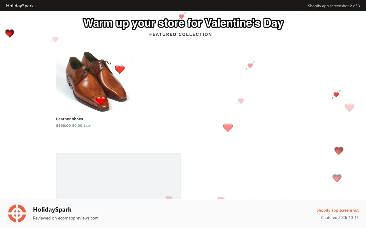 HolidaySpark Shopify app screenshot: Warm up your store for Valentine's Day