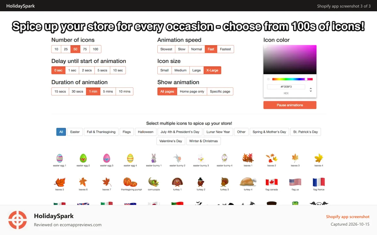 HolidaySpark Shopify app screenshot: Spice up your store for every occasion - choose from 100s of ico