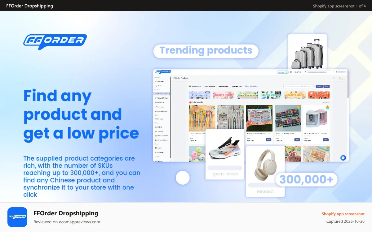 FFOrder Dropshipping Shopify app screenshot: Find any product and get a low price