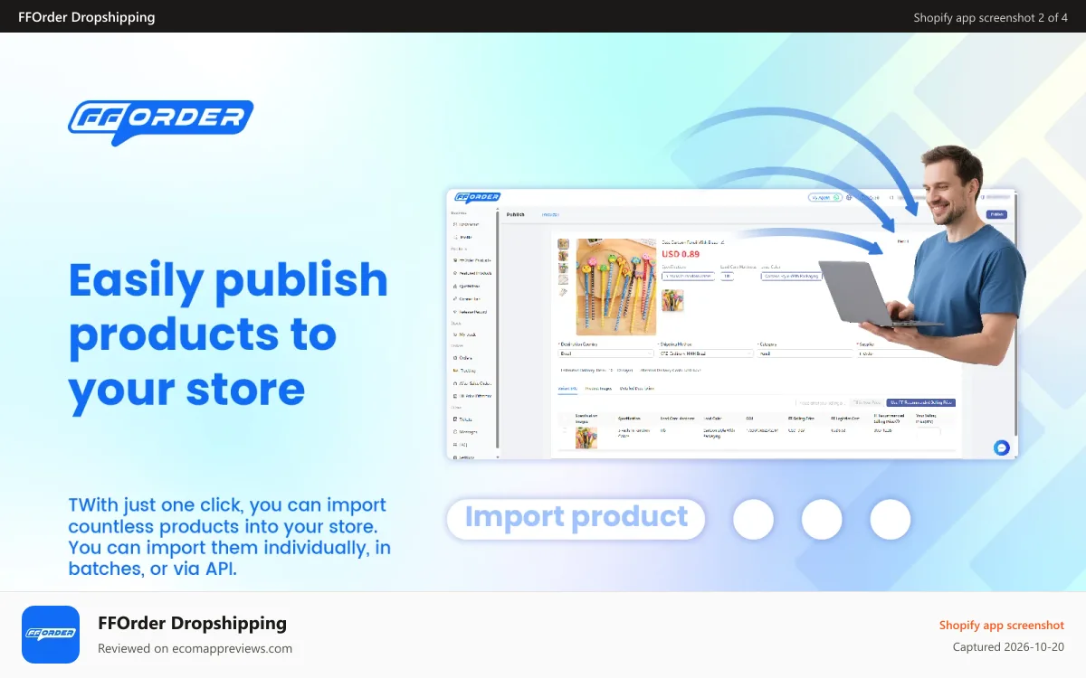 FFOrder Dropshipping Shopify app screenshot: Easily publish products to your store