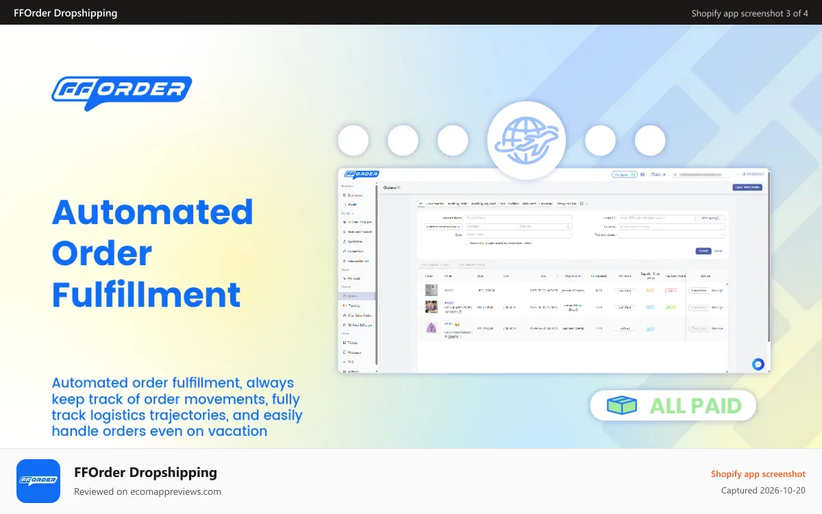 FFOrder Dropshipping Shopify app screenshot: Automated Order Fulfillment
