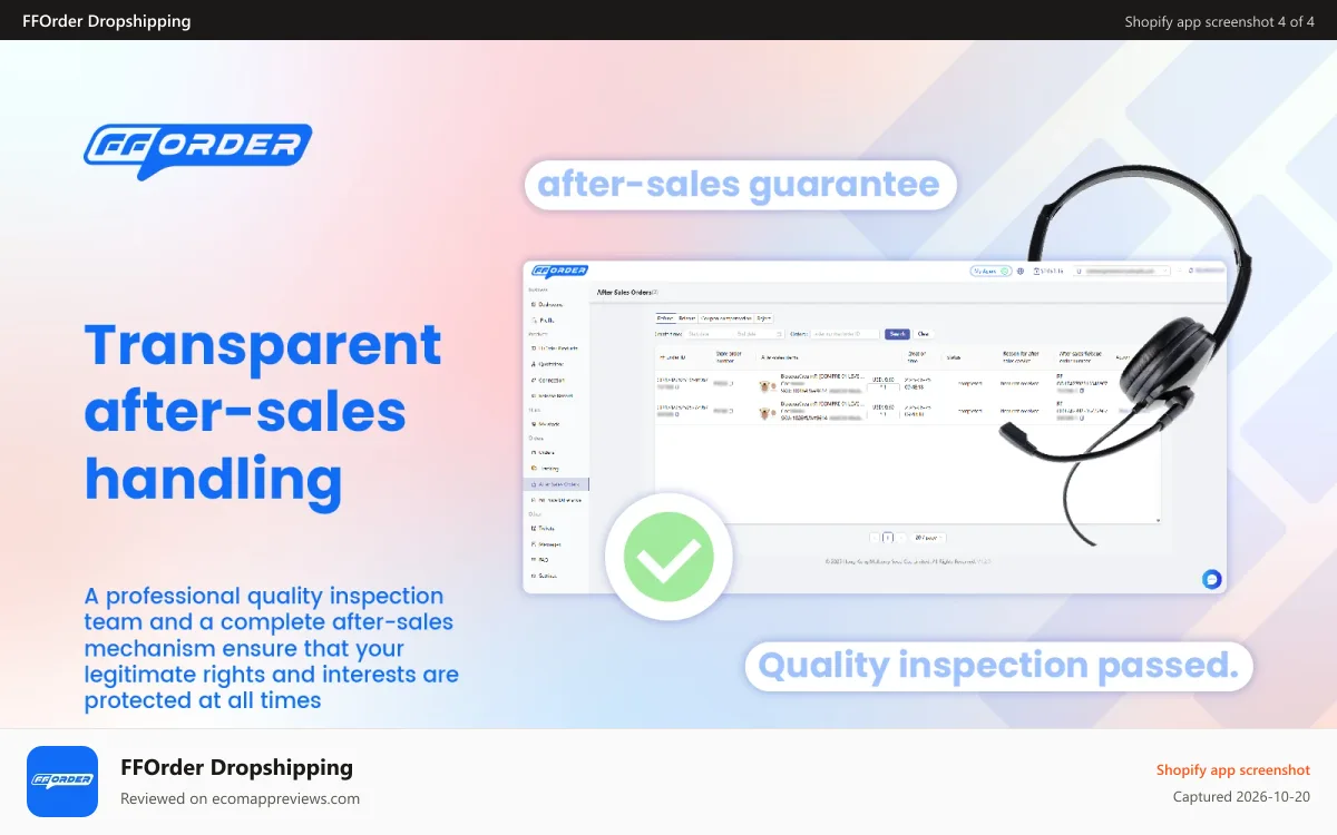 FFOrder Dropshipping Shopify app screenshot: Transparent after-sales handling