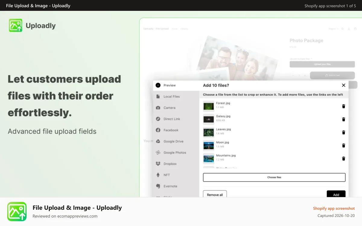 File Upload & Image ‑ Uploadly Shopify app screenshot: Uploading files on product page