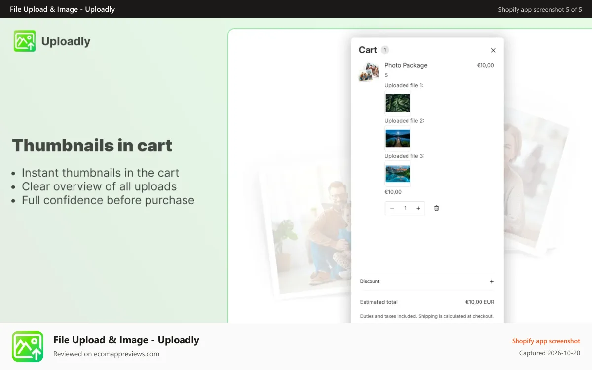 File Upload & Image ‑ Uploadly Shopify app screenshot: File and Image Thumbnails in cart