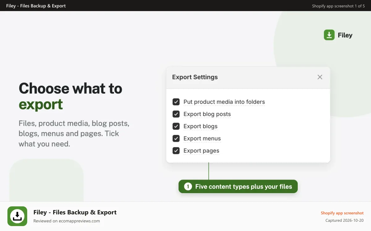 Filey ‑ Files Backup & Export Shopify app screenshot: Export settings: product media, blog posts, blogs, menus, pages
