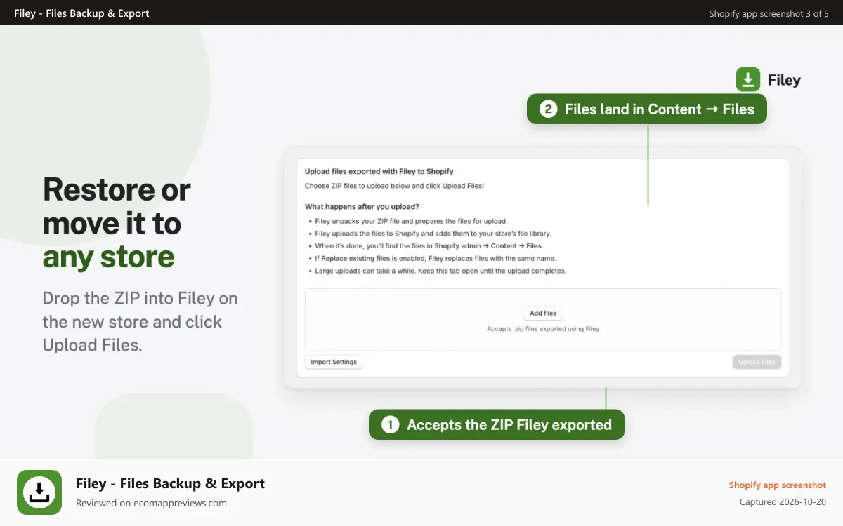 Filey ‑ Files Backup & Export Shopify app screenshot: Upload Files page: add Filey ZIP to import content to any store