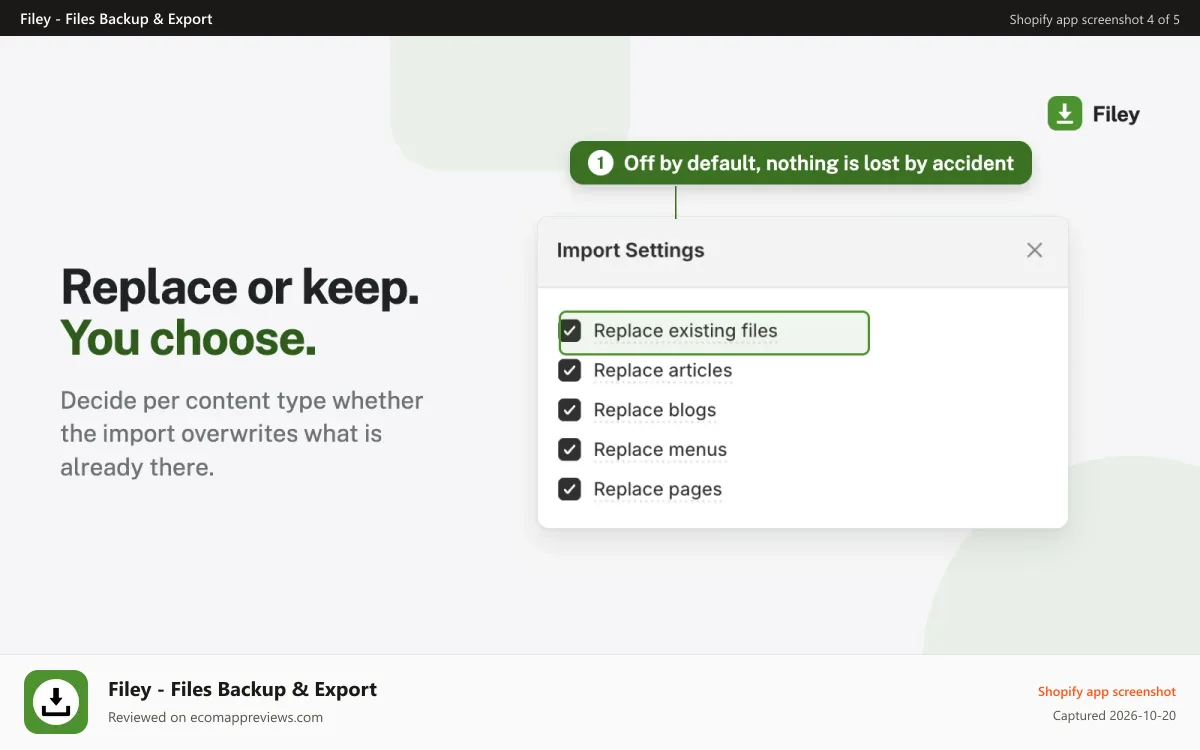 Filey ‑ Files Backup & Export Shopify app screenshot: Import settings: replace or keep files, articles, blogs, pages