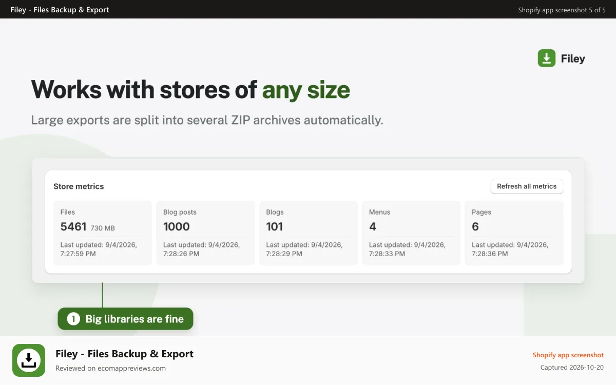 Filey ‑ Files Backup & Export Shopify app screenshot: Store metrics card: files, blog posts, blogs, menus, pages