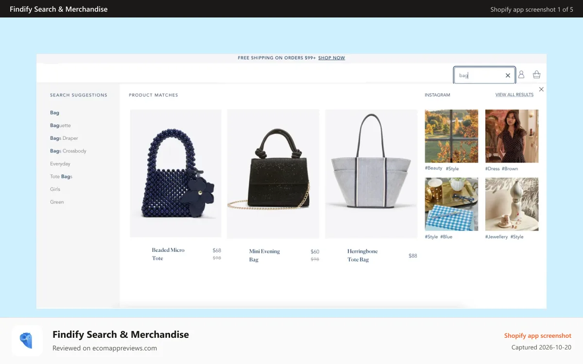 Findify Search & Merchandise Shopify app screenshot: Autocomplete (including Content Search)