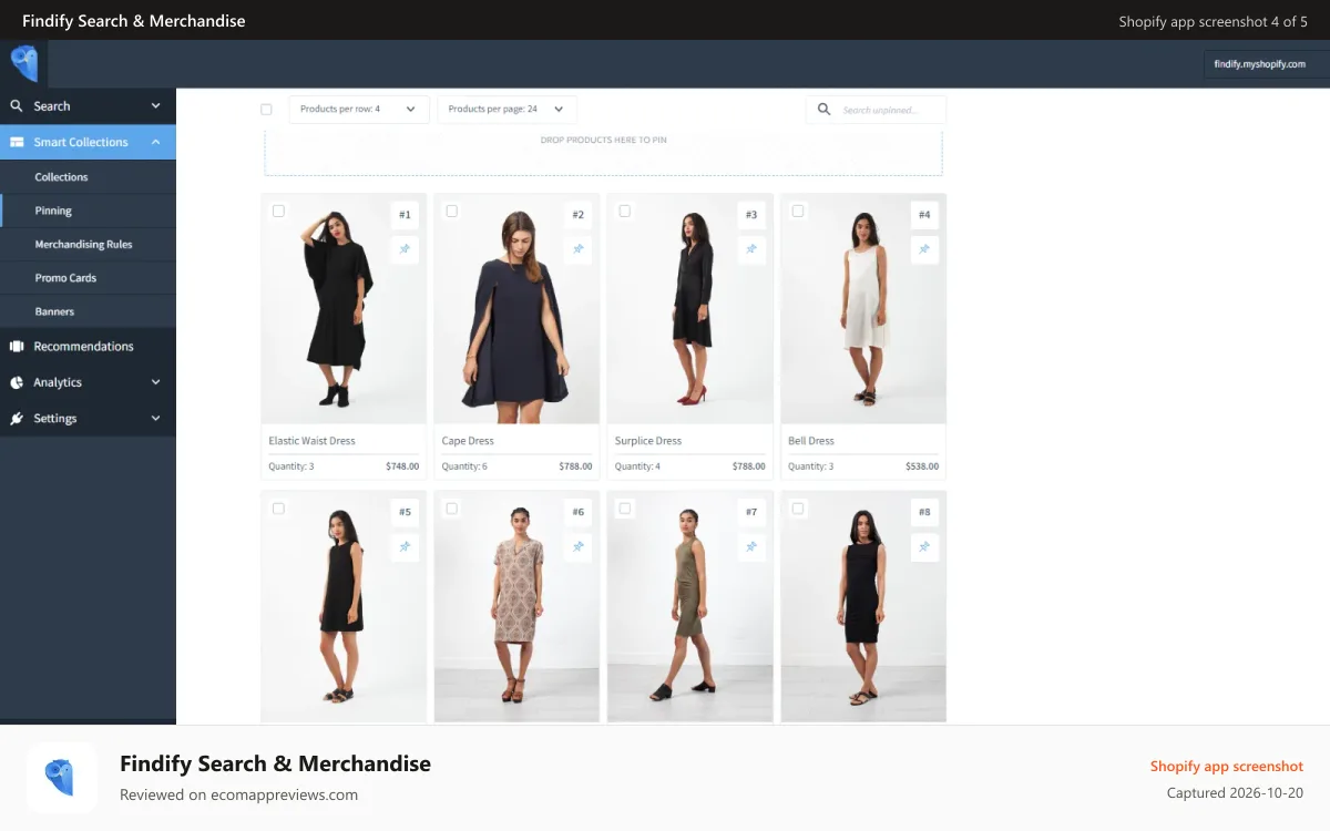 Findify Search & Merchandise Shopify app screenshot: Findify's Pinning interface
