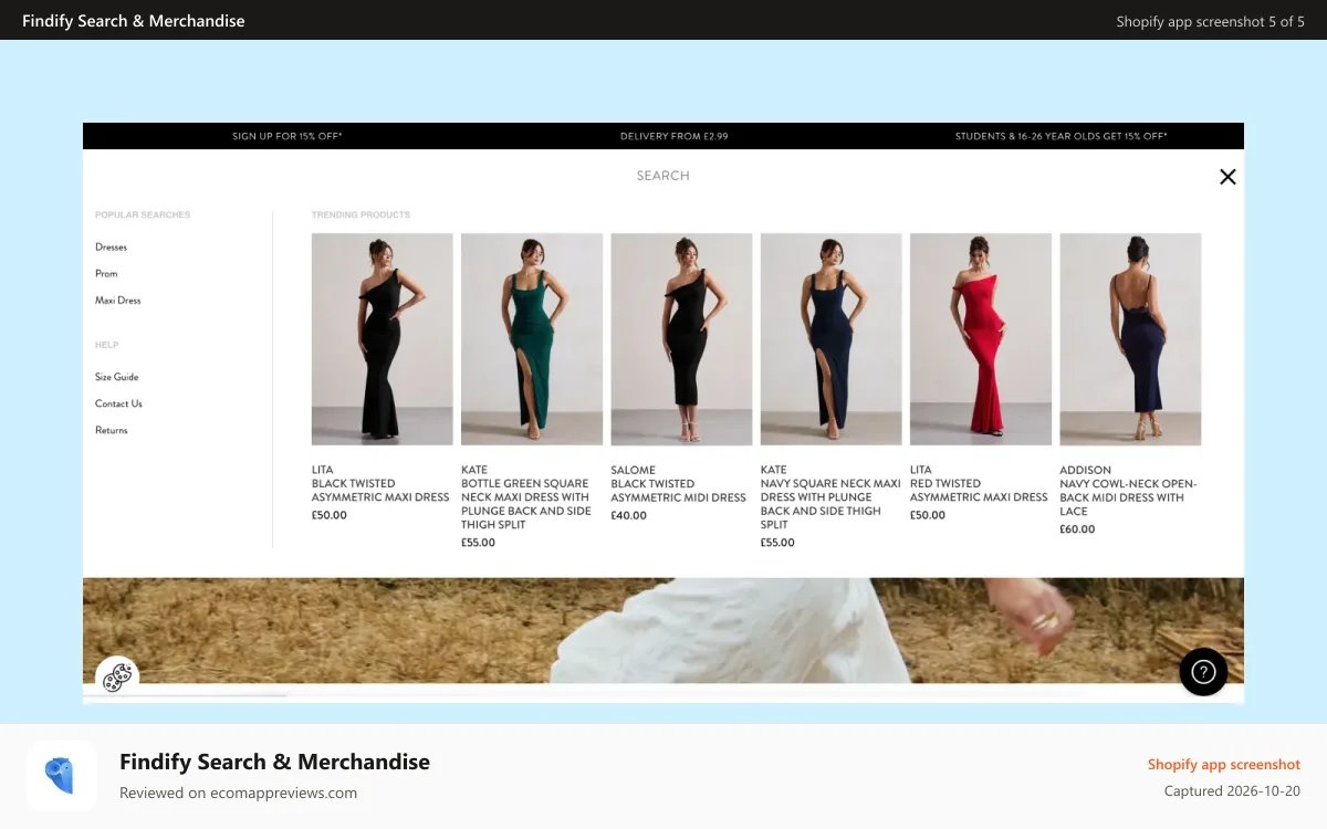 Findify Search & Merchandise Shopify app screenshot: Autocomplete for product results