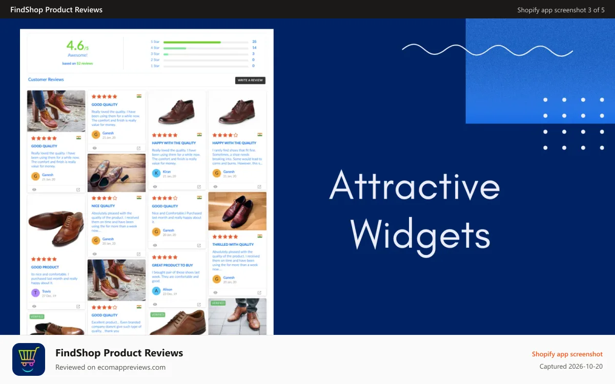 FindShop Product Reviews Shopify app screenshot: Attractive widget design
