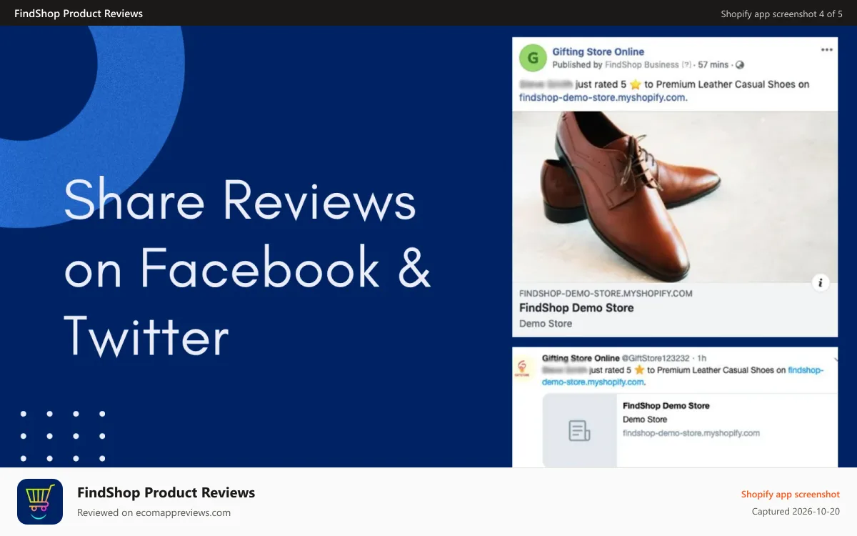 FindShop Product Reviews Shopify app screenshot: Share reviews on Facebook & Twitter