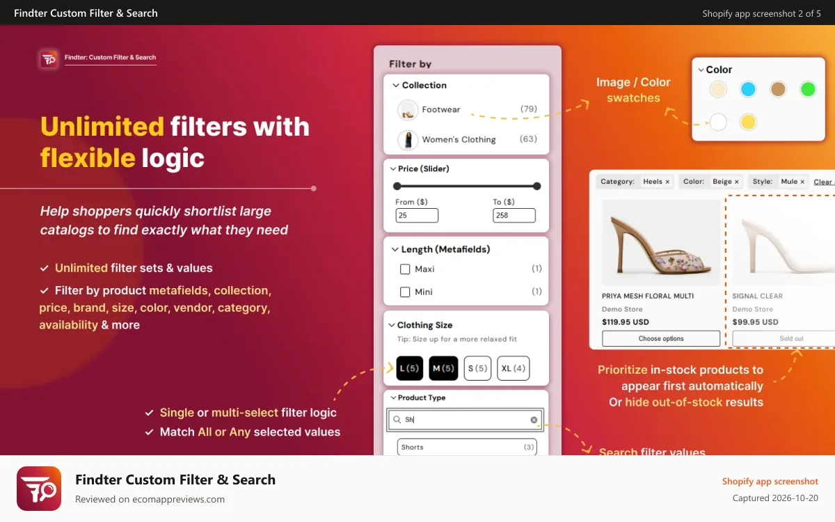 Findter Custom Filter & Search Shopify app screenshot: Unlimited product filter sets & search filters