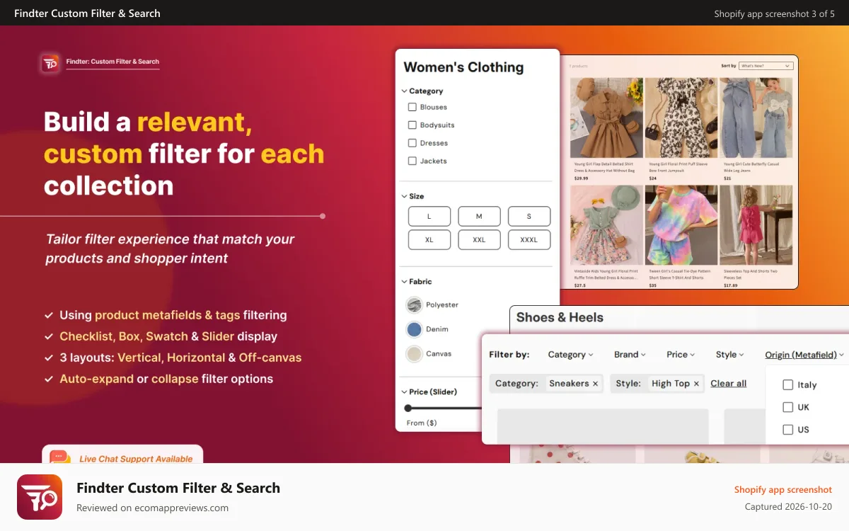Findter Custom Filter & Search Shopify app screenshot: Create & customize unique collection filter