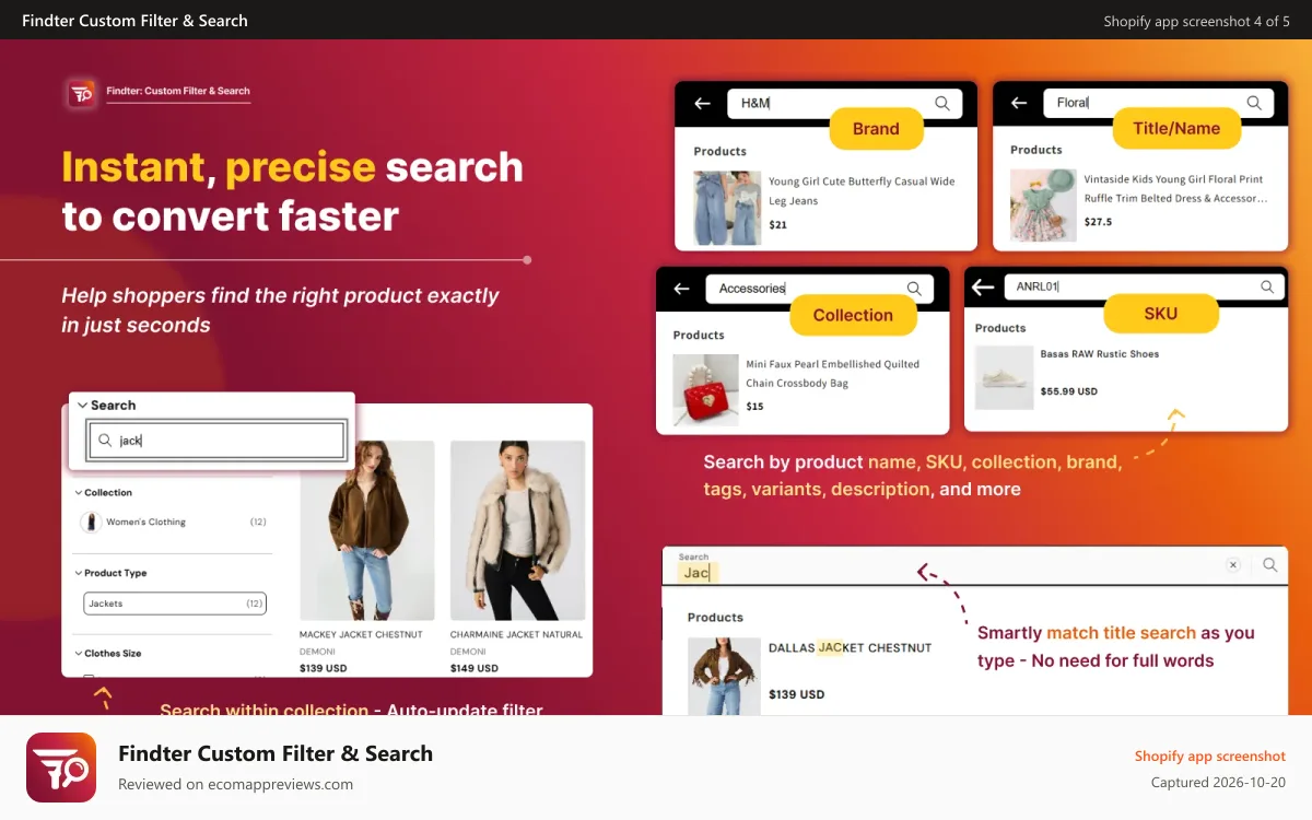 Findter Custom Filter & Search Shopify app screenshot: Fast and smart search by SKU, name, and multiple criteria