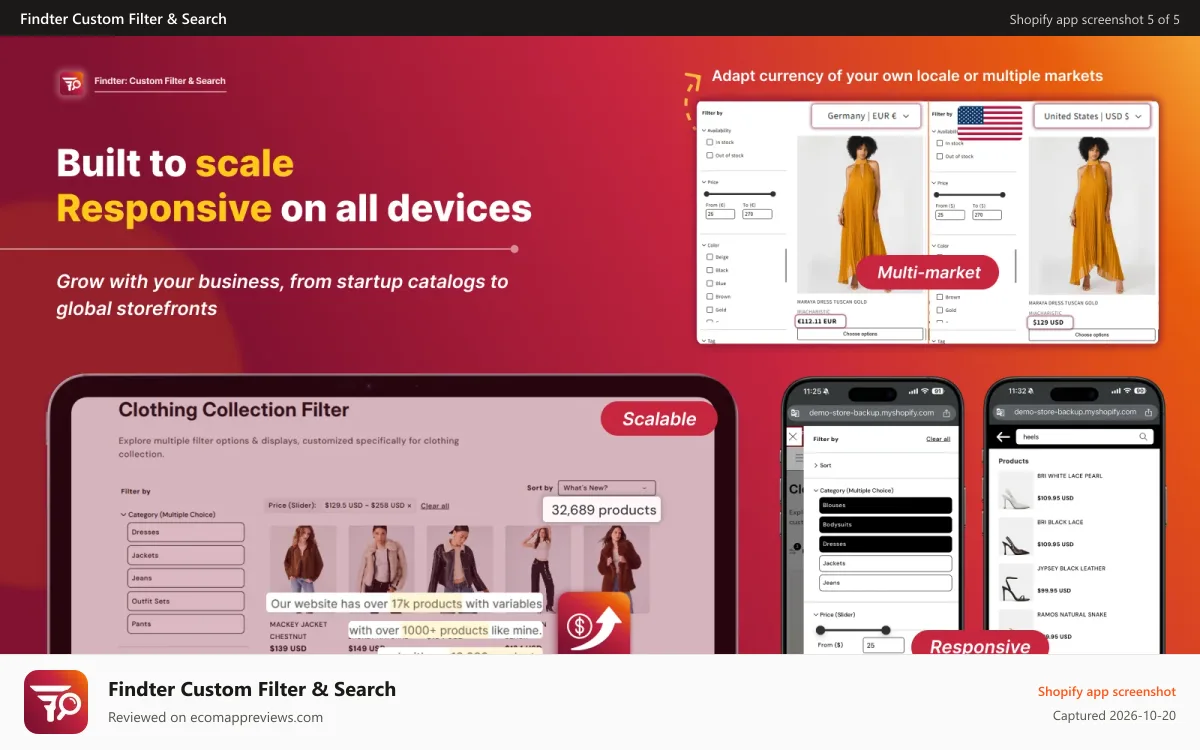 Findter Custom Filter & Search Shopify app screenshot: Filters built to scale & responsive on all devices