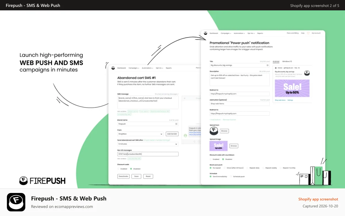Firepush ‑ SMS & Web Push Shopify app screenshot: Easy campaigns set-up for push notifications & SMS by Firepush