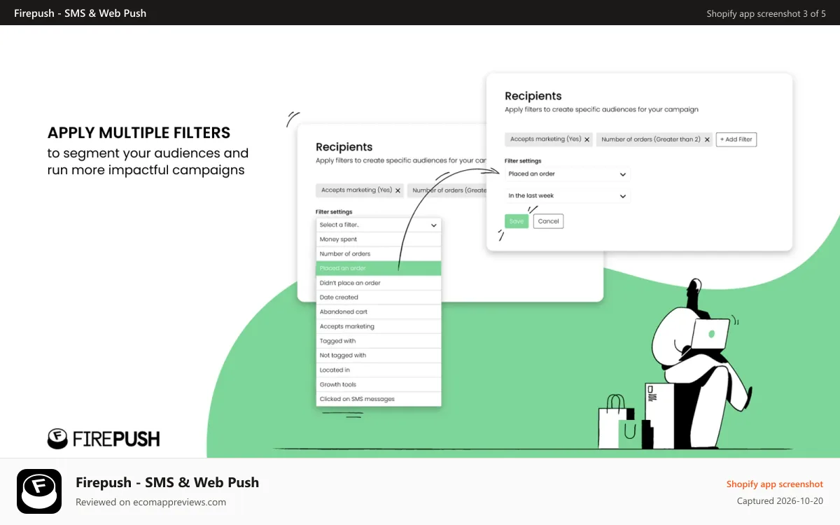Firepush ‑ SMS & Web Push Shopify app screenshot: Contact segmentation