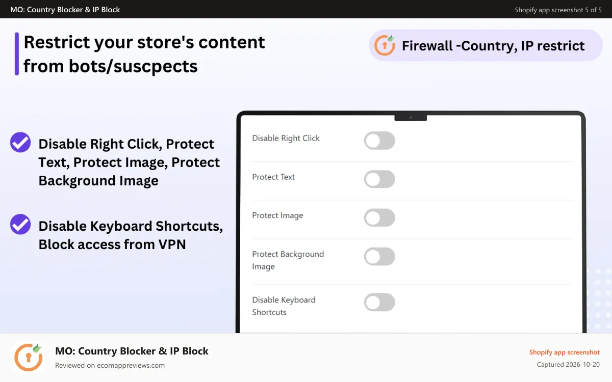MO: Country Blocker & IP Block Shopify app screenshot: Block IP, Whitelist IP, Block Countries, Restrict Countries