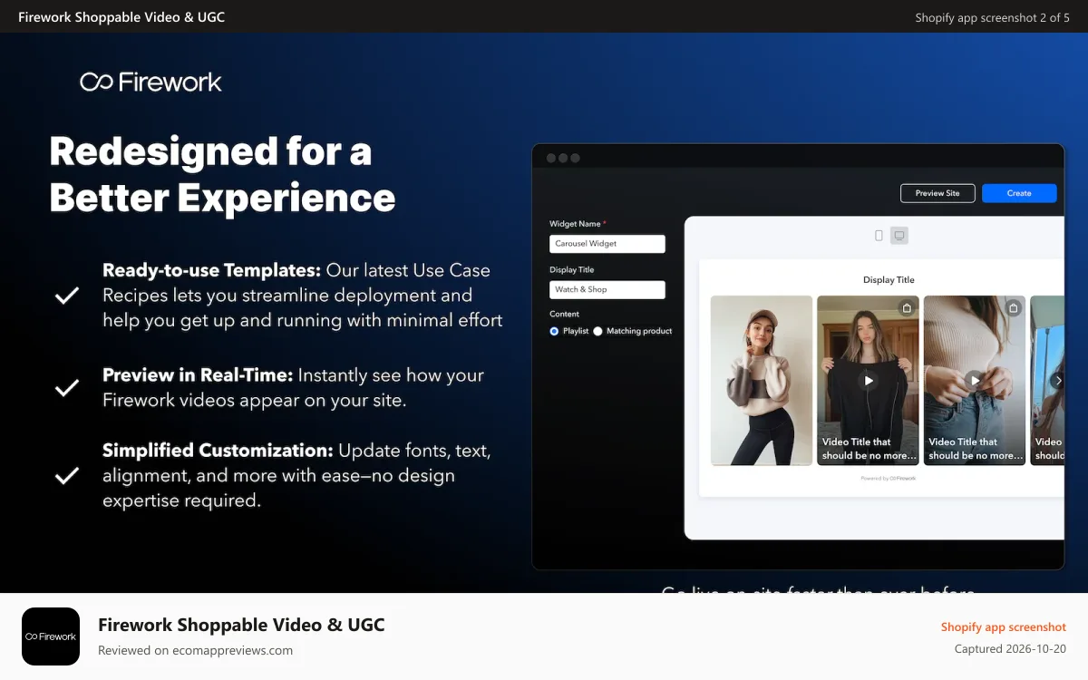 Firework Shoppable Video & UGC Shopify app screenshot: Increase conversions with interactive, shoppable videos