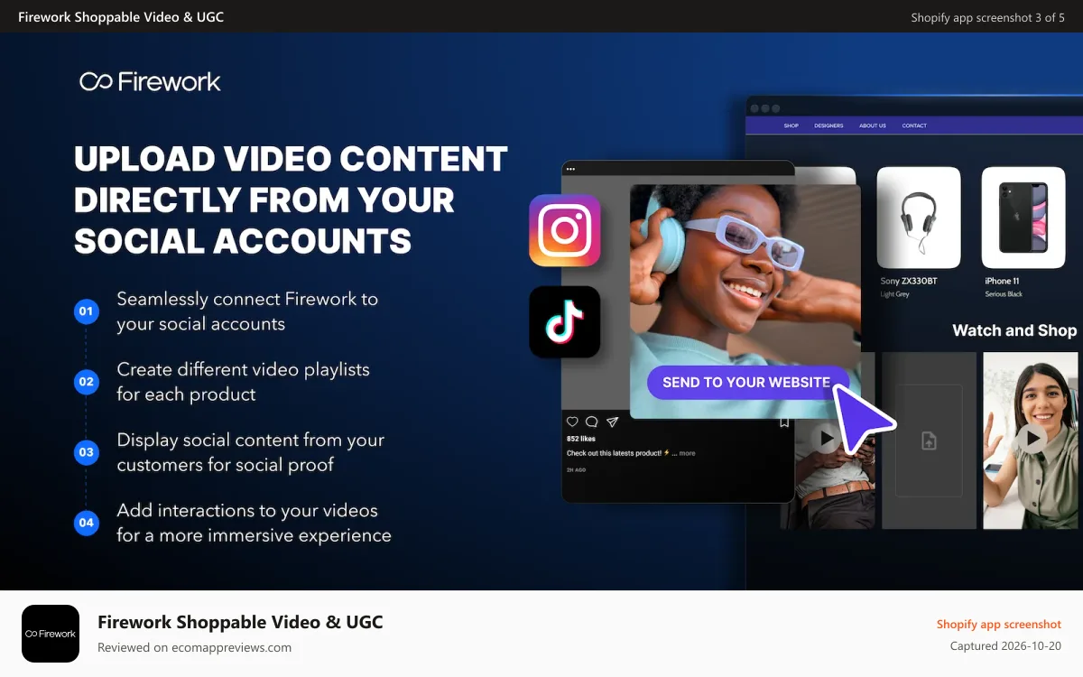 Firework Shoppable Video & UGC Shopify app screenshot: Our social media uploader makes it easy to import your content