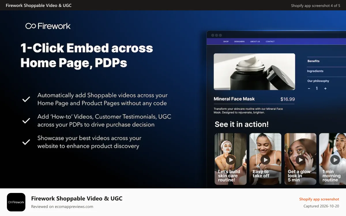 Firework Shoppable Video & UGC Shopify app screenshot: 1-click automatically add Shoppable videos across your website