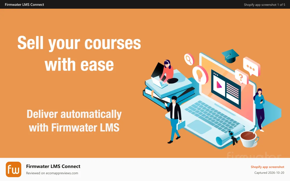 Firmwater LMS Connect Shopify app screenshot: Sell your courses with ease. Deliver automatically.