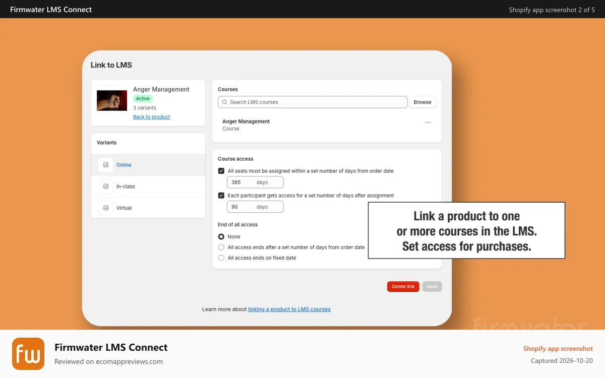Firmwater LMS Connect Shopify app screenshot: Link a product to one or more courses in the LMS. Set access.