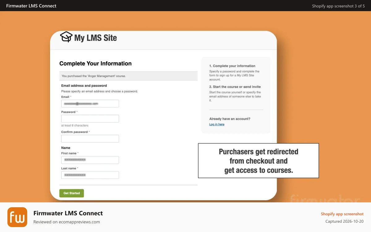 Firmwater LMS Connect Shopify app screenshot: Purchasers get redirected from checkout, get access to courses.