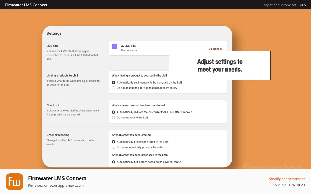 Firmwater LMS Connect Shopify app screenshot: Adjust settings to meet your needs.