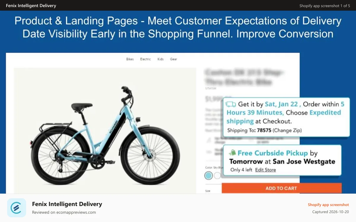 Fenix Intelligent Delivery Shopify app screenshot: Fenix: Delivery Dates on the Product Detail and Landing Pages